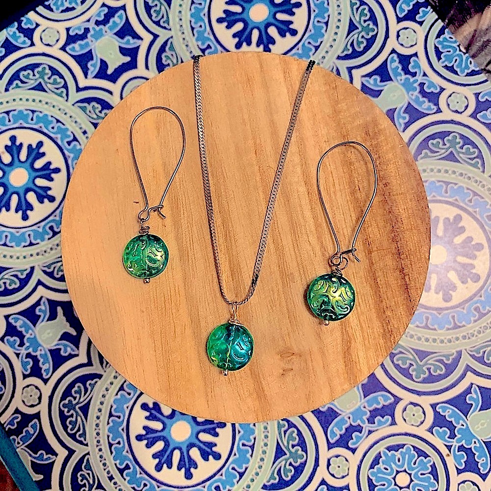 Teal & Silver Drop Hoops and Silver herringbone necklace w/ matching pendant